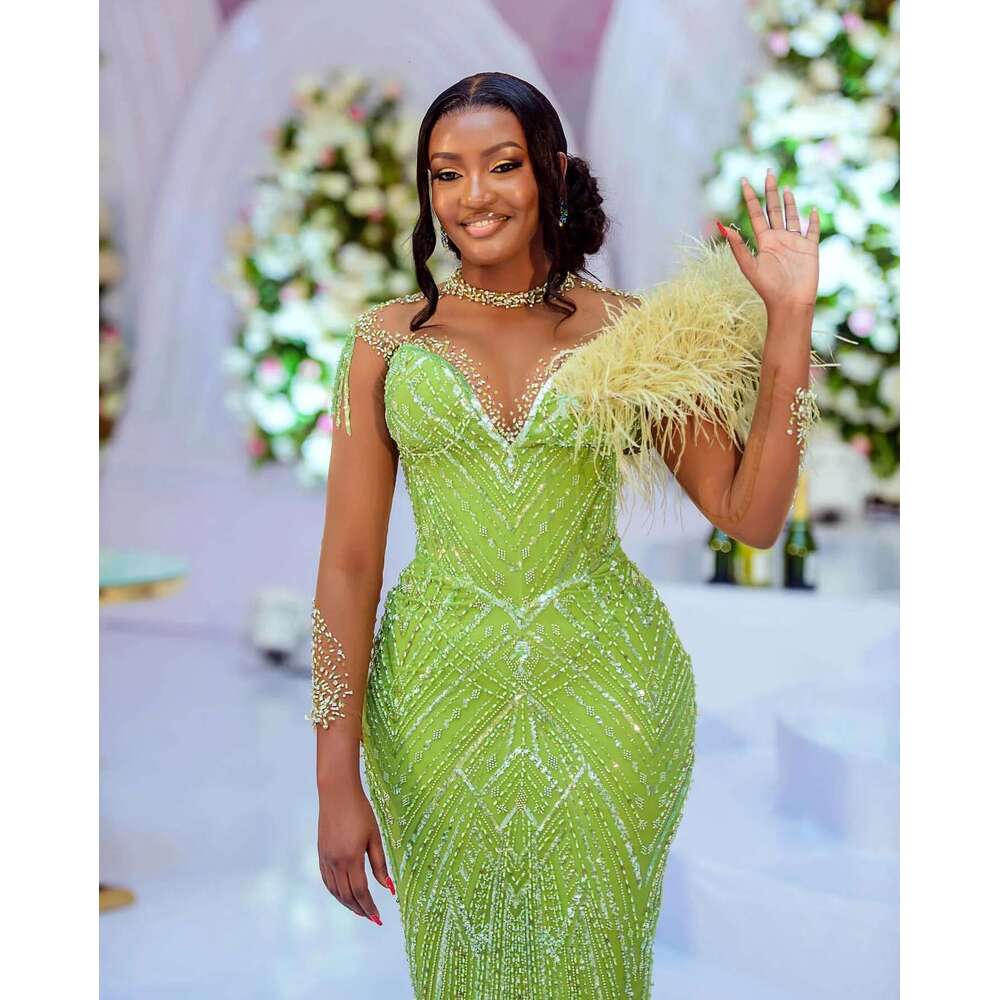 Feather Beaded Evening Formal Party Second Engagement Birthday Gowns ZJ143 Aso Ebi Green Mermaid Prom Dresses