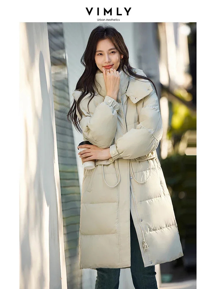 VIMLY Womens White Duck Down Jacket Thick Loose Coat Warm Collar Hoodie City Leisure Long Park Coat 241023