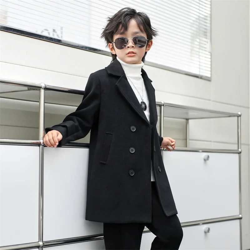 Mens wool coat windproof jacket 2024 black warm thick autumn cotton school childrens clothing W241023