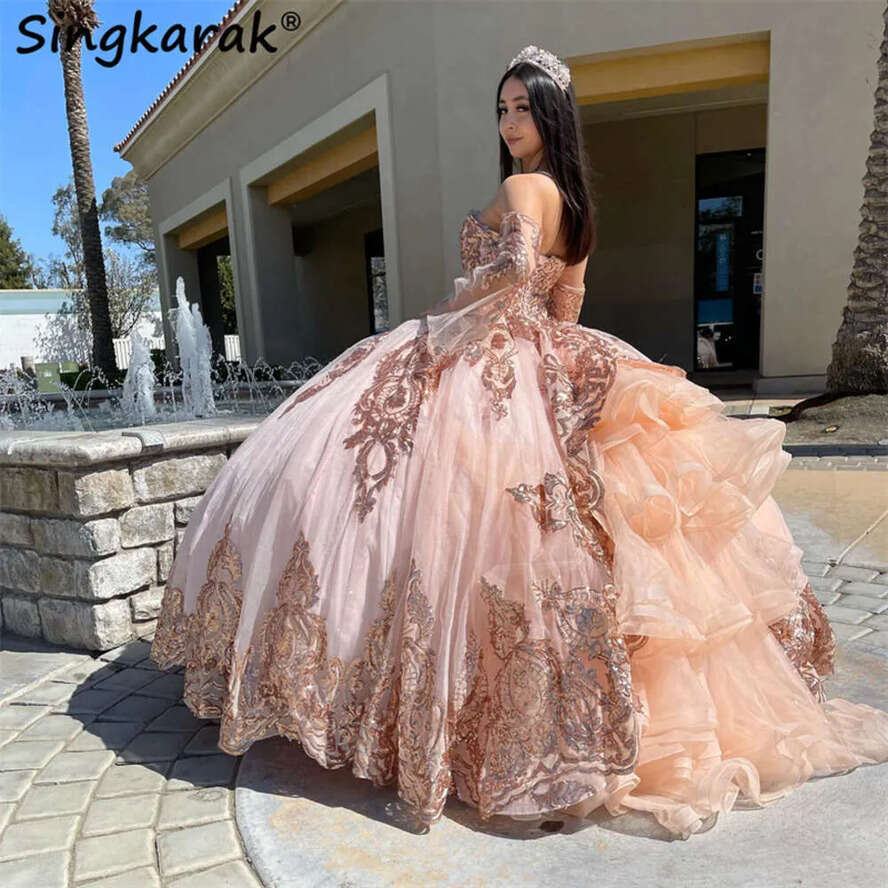 Glitter Pink Princess Quinceanera Dresses Bell Gloves Rose Gold Sequins Appliques Sweet 15Th Prom Party Vestidos Ruffles