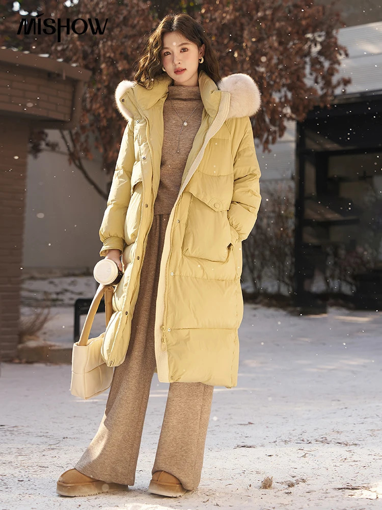 MISHOW Womens Long Hoodie 90 White Duck Down Jacket Korean Womens Thick Inflatable Jacket Double Zipper Jacket MXC57Y0027 241023