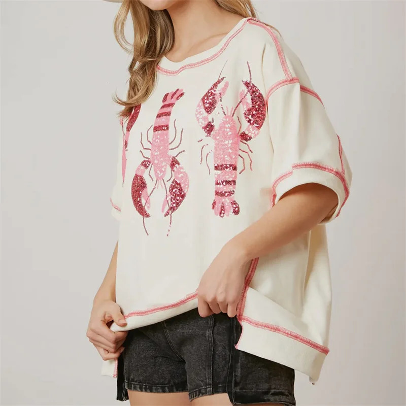 Lamuusaa glitter top womens summer lobster print contrasting color round neck short sleeved t-shirt y2k clothing streetwear 241011