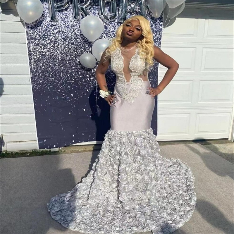 Silver Black Girls Prom Dresses Elegant Rose Florals Mermaid Evening Dress 2025 Appliques Lace Nigeria African Birthday Party Vestio De Fiesta Gorgeou