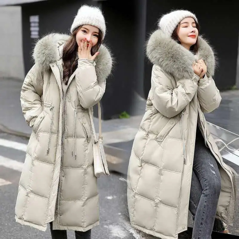 Winter Down Jacket Womens Mid length Knee length Warm White Duck Waist Cover Long Sleeve True Fur Leather Collar Coat 241023