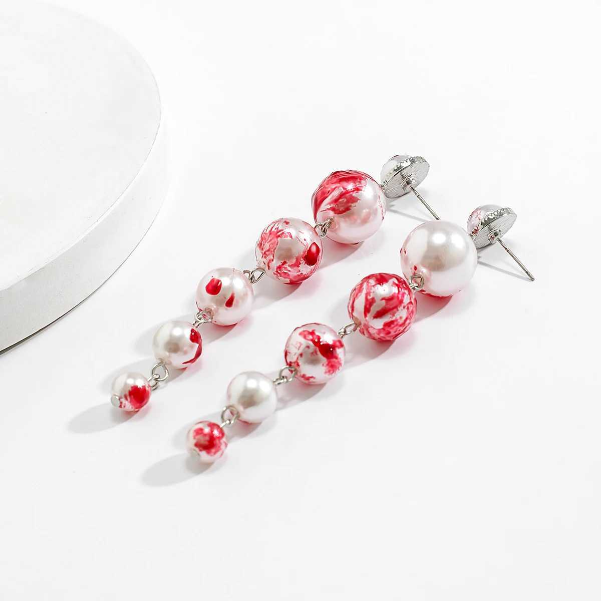 Goth Red Imitation Pearl tassel Pendant Earrings for Womens Wedding Brides Retro Pendant Earrings Halloween Jewelry Accessories W241023