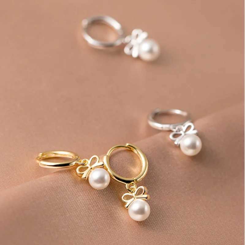 WANTME 925 sterling silver cute butterfly synthetic pearl pendant earrings fashionable charm gold-plated embrace jewelry for women W241023
