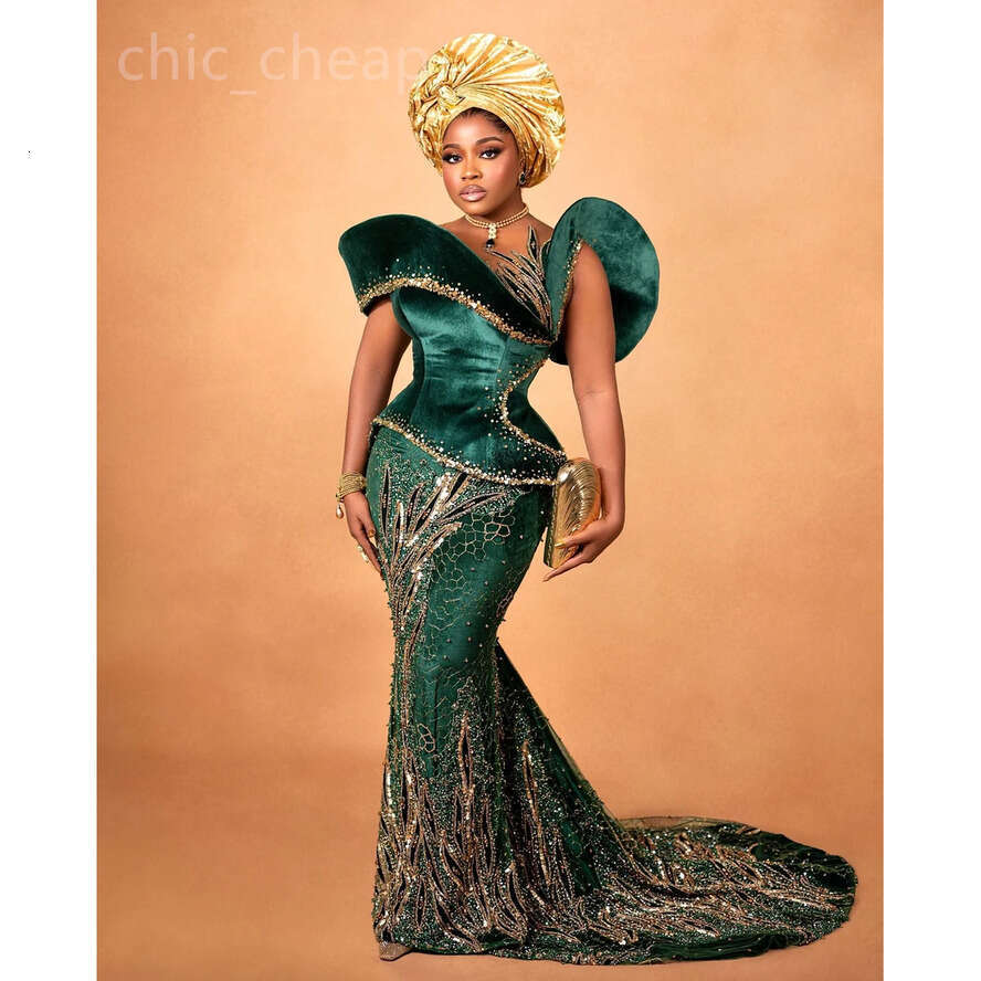 Aso Ebi Dark Green Mermaid Prom Dress Beaded Sequined Lace Veet Evening Formal Party Second Reception Birthday Engagement Gowns Dresses Robe De Soiree