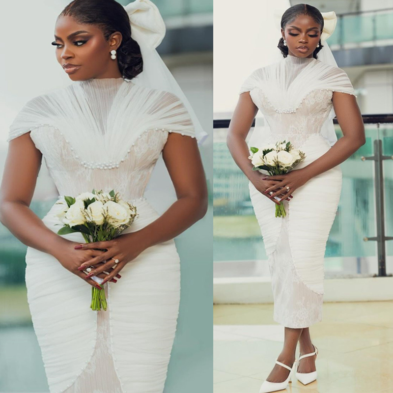 2024 African Short Elegant Wedding Dress Bridal Gowns For Bride Mermaid Illusion High Neck Beaded Lace Plated Wedding Gowns For Black Women Marriage D