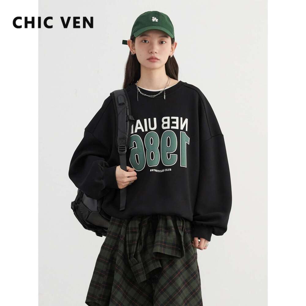 CHIC VEN Women Sweatshirts New Round Neck Letter Printed Hoodie Loose Oversized Female Top Autumn Spring 2024