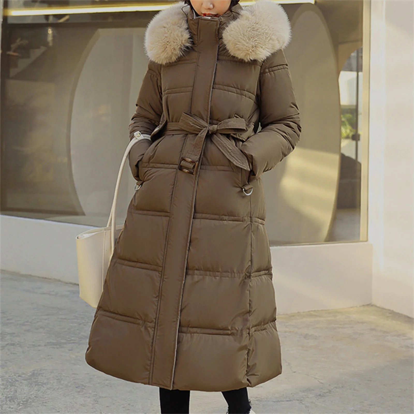 Womens long winter inflatable jacket with belt maximum down jacket fur collar detachable hooded park winter thick warm snow coat 241023