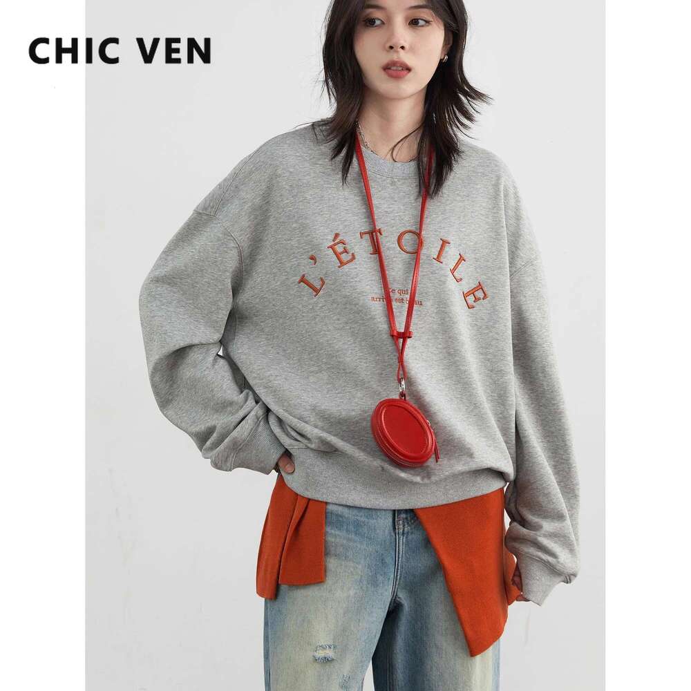 CHIC VEN Women Sweatshirts Loose Grey Coat Letter Embroidered O Neck Pullover Female Top Autumn Winter Clothes 2024