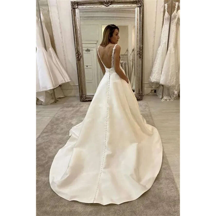 2023 Simple Satin A E Dresses With Buttons Sexy Open Back Vestidos De Novia Deep V Neck Lace Sleeveless Bride Wedding Beach Formal Bridal Gowns