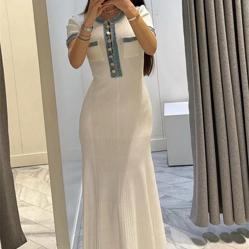Elegant V Neck Denim Patchwork Knitted Long Dres Fashion Short Sleeved Buttons Bodycon Dresses Office Lady Pockets Robes 241007