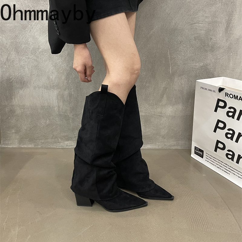 Winter Women Knee High Boots Fashion Pointed Toe Slip On Long Booties Designer Thick Heels Botas De Mujer