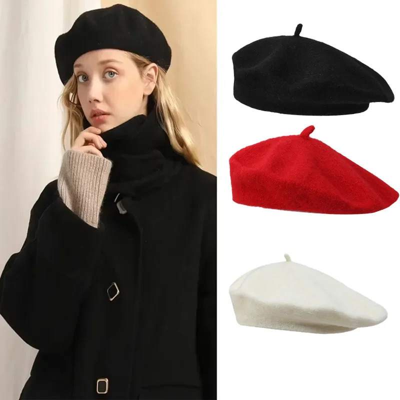 Winter Women Wool Berets French Artist Style Warm Hat Retro Plain Beret Solid Color Elegant Lady All Matched Autumn Caps 241010
