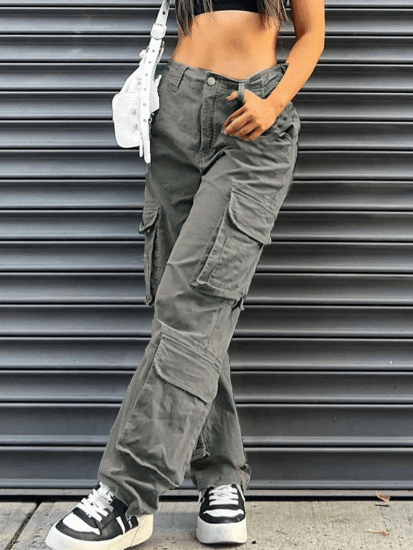 Womens cargo pants high waisted fashionable casual work straight slimming girl bag multiple pockets 241023