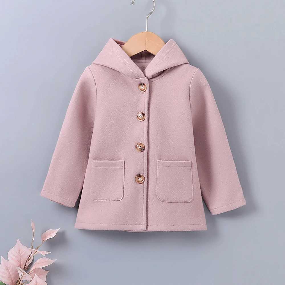 New winter clothes girls solid color single chest hooded long sleeved wool jacket suitable for primary and secondary school children W241023
