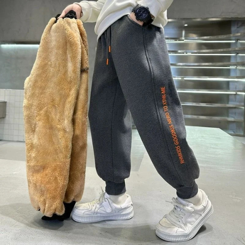 Boys Thick Lambswool Pants Winter Youth Plush Velvet Trouser Childrens Cotton Sports Pants Big Childrens Warm Snow Clothes 5-14Y 241024