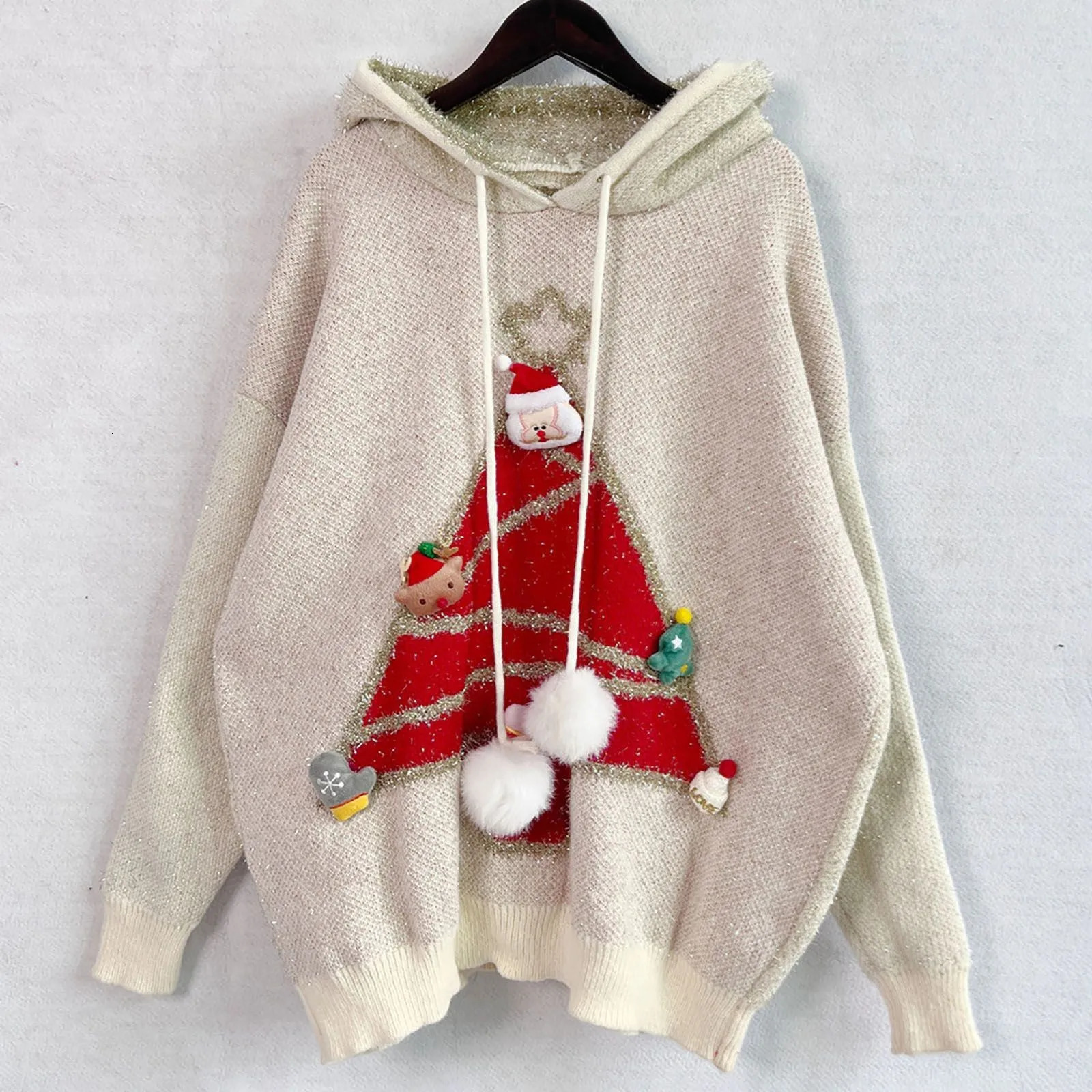 Full matching Christmas tree hooded womens sweater loose and ugly Christmas sweater fashionable casual zipper thick knitted sweater 241024