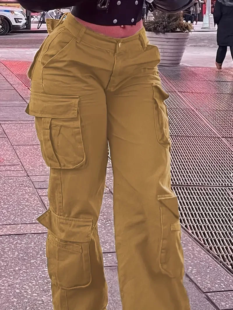 Womens street trend multi pocket cargo jeans casual denim straight leg pants 241023