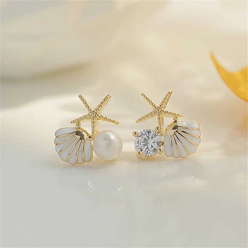 White Pink Shell Starfish Stud Earrings for Women Cute Asymmetric Imitation Pearl Rhinestones Beads Charms Small Ear JewelryX241023