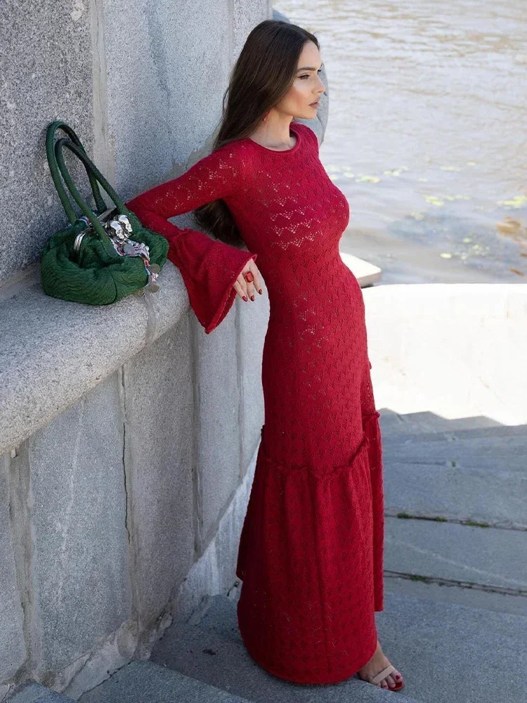 Womens elegant O-neck sexy hollow pleated sleeve dress autumn Russian womens knitted long dress A2935 241024