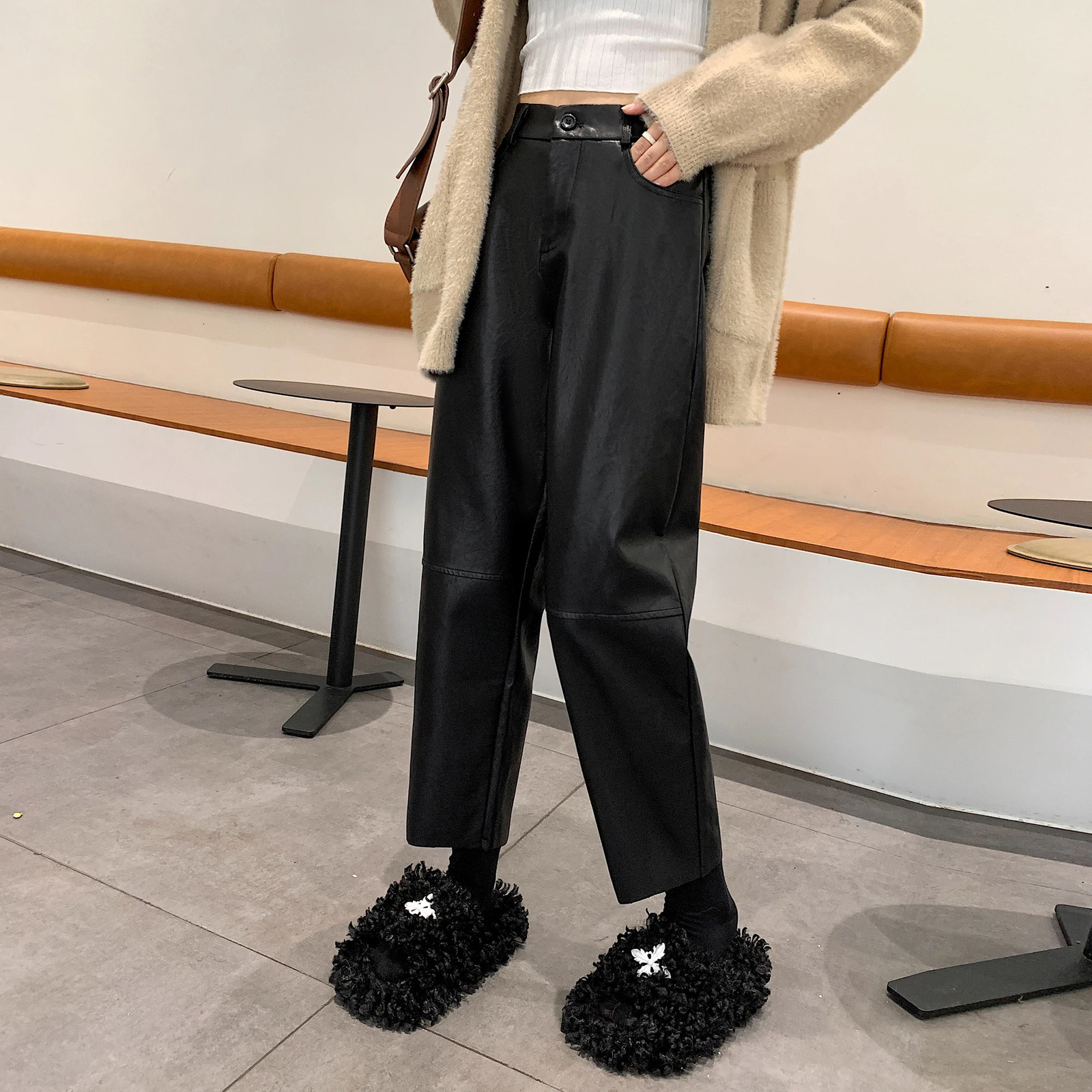 Autumn Winter PU Leather Retro Womens Ankle Pants High Waist Zipper Black Straight Pants Womens Pocket 241023