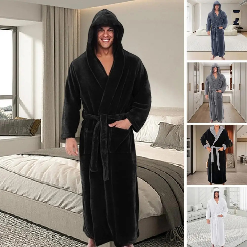 Plush Bathroom Deluxe Mens Hooded Bathroom with Adjustable Belt Super Soft Absorbent Mens Robe Pocket Plush Solid 241023