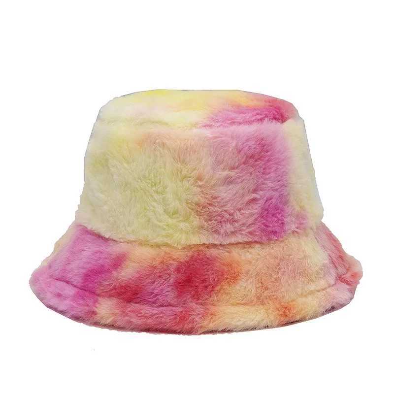 2023 Winter Tie Dye Artificial Fur Fluffy Thick Bucket Hat Warm Outdoor Keeping Warm Hat Soft Fishermans Hat Womens Fashion Panama Fem X241023
