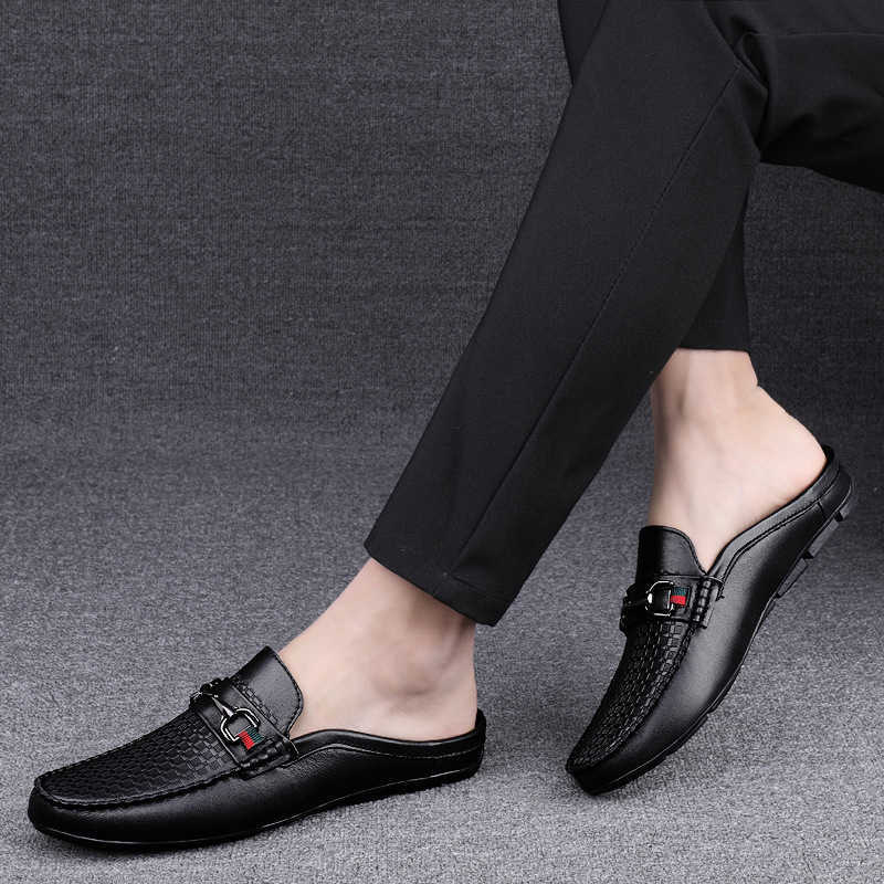 Men Dress Shoes New Mens Fashion Embossed Metal Buckle Casual Half Dragging Convenient One Step Leather Shoes Comfortable And Breathable Casual Shoes 
