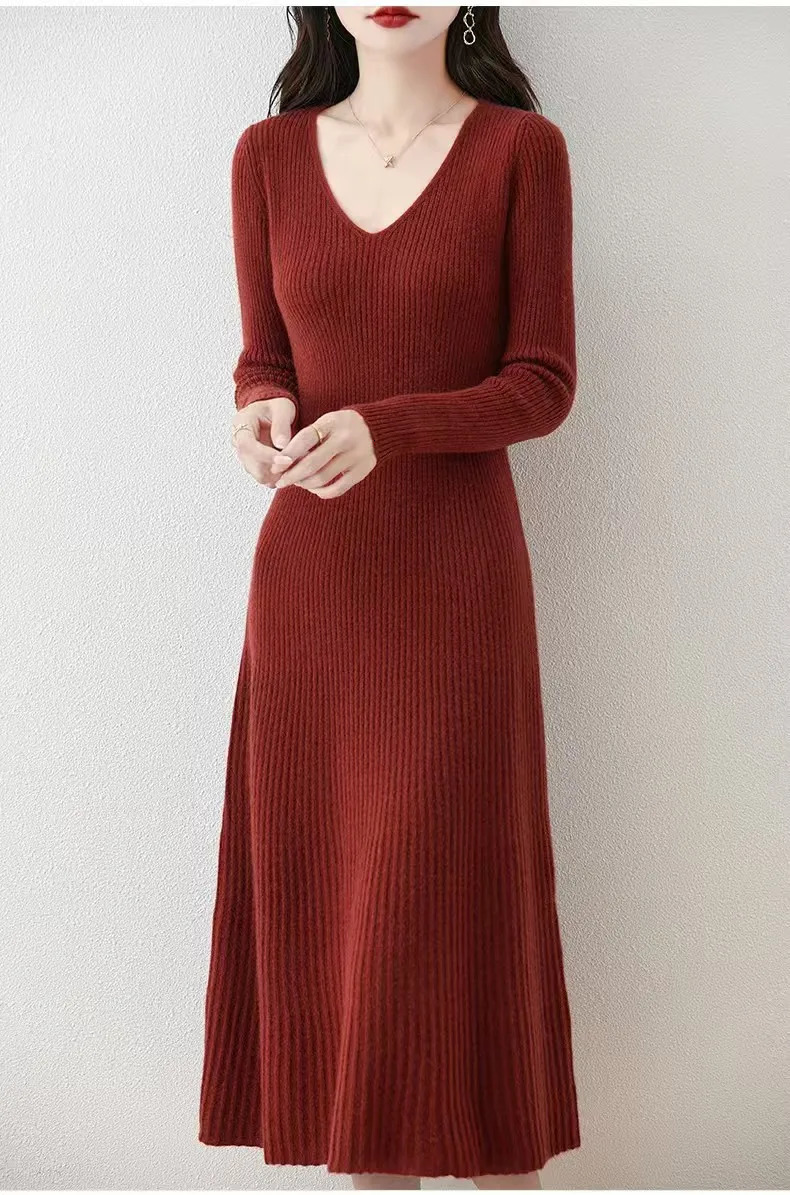 Warm V-neck pure wool knitted dress tight fitting in autumn and winter suitable for hip hugging skirt long cashmere sweater bottom skirt 241024