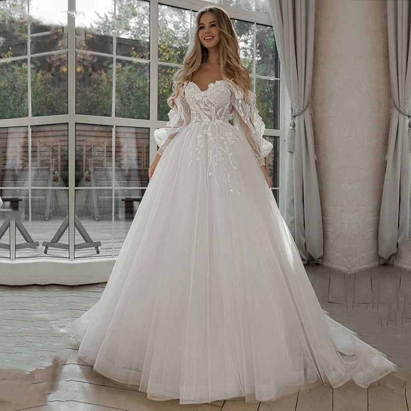 Modern Off Shoulder Tulle Wedding Dresses Spaghetti Long Puff Sleeves Lace Appliques Boho Bride Gown 2025 Ivory A-Line Vestidos De Novia