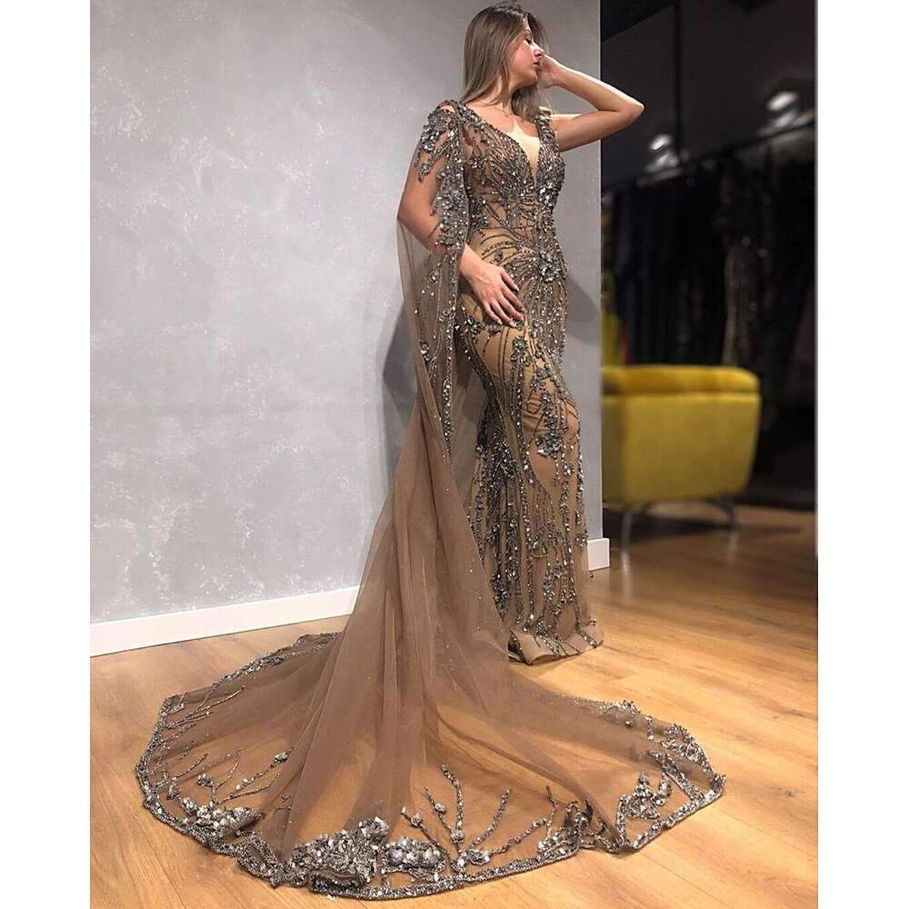 2020 Wrap Train Prom Gowns 3D ral Beaded Lace Applique Sequins Party Evening Dresses