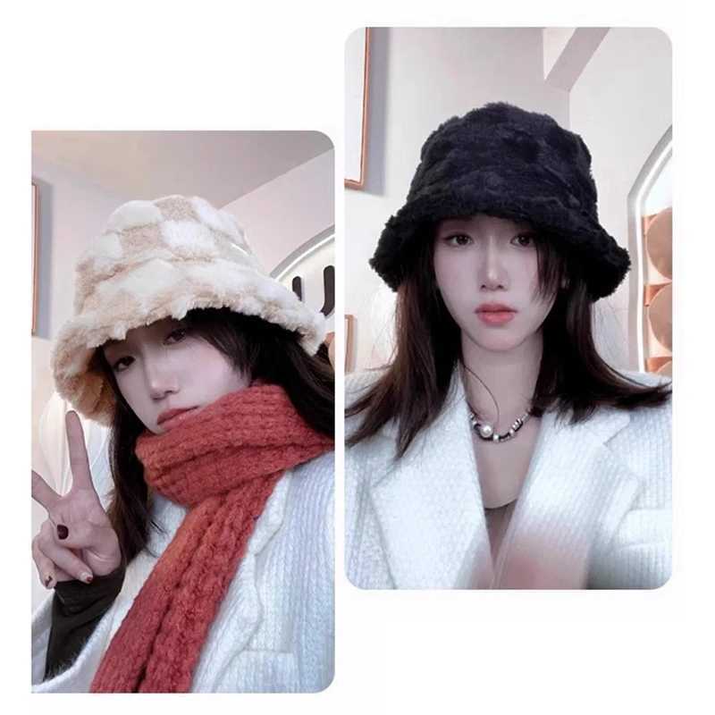 Grid bucket hat plush adjustable bucket hat fur warm fisherman hat winter and spring for men and women X241023