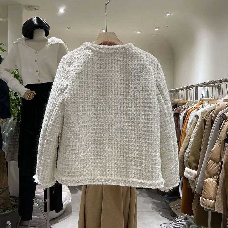 Womens Jackets Winter Warm Padding White Duck Down Liner Korean Tweed Jacket Women Elegant O Neck Long Sleeve Quilted Coat Vintage Outerwear 221007