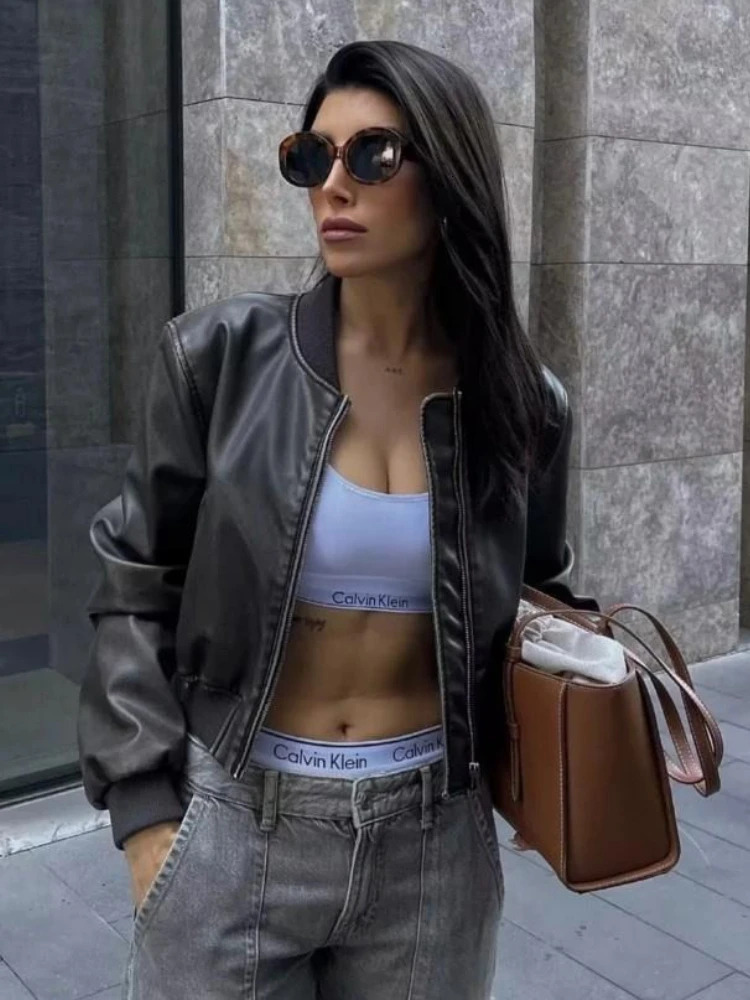 ZBZA Women's PU Leather Jacket Coat Solid Long Sleeves Crew Neck Zipper Pocket Bomber Short Outerwear Fall Winter New Female Top