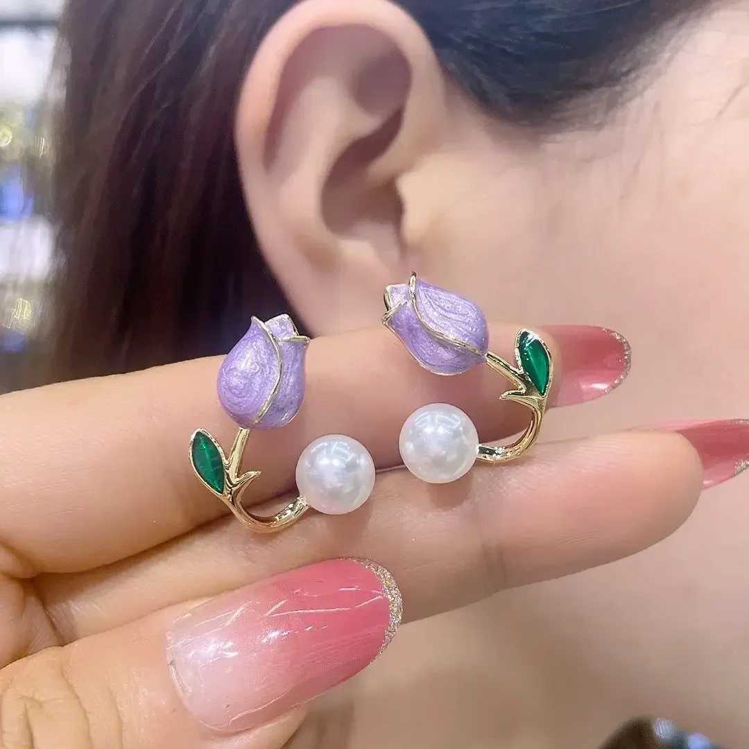 Sweet Fashion Enamel Pearl Tulip Flower Stud Earrings for Women Korean Temperament Zircon Back Hanging Earring Wedding JewelryX241023