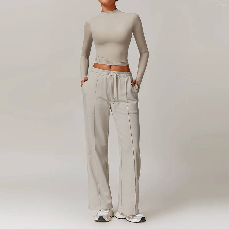 Active Sets 2Pcs Sports Set Women Fiess Yoga Suit Gym Sportswear Running Long Sleeve Wide Leg Pants Workout Tracksuits Athletic Wear