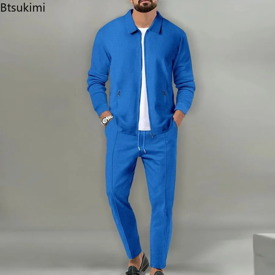 mens casual waffle two-piece pants set loose collar zipper jacket and pants set mens autumn fashion set 241024