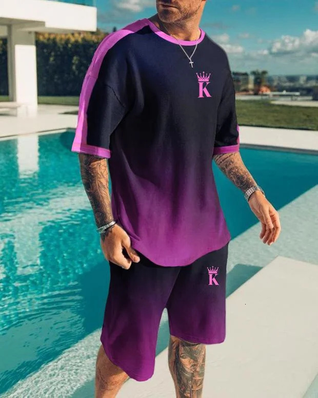 summer mens solid color short sleeved T-shirt 2-piece set ultra-fine casual suit mens clothing 241024