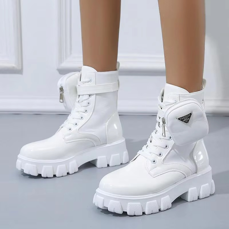 Designer Bright Top Thick Platform Winter Women's Lace-Up Combat With Pocket Mid-Calf For Women's Cold Weather Ankle Boots