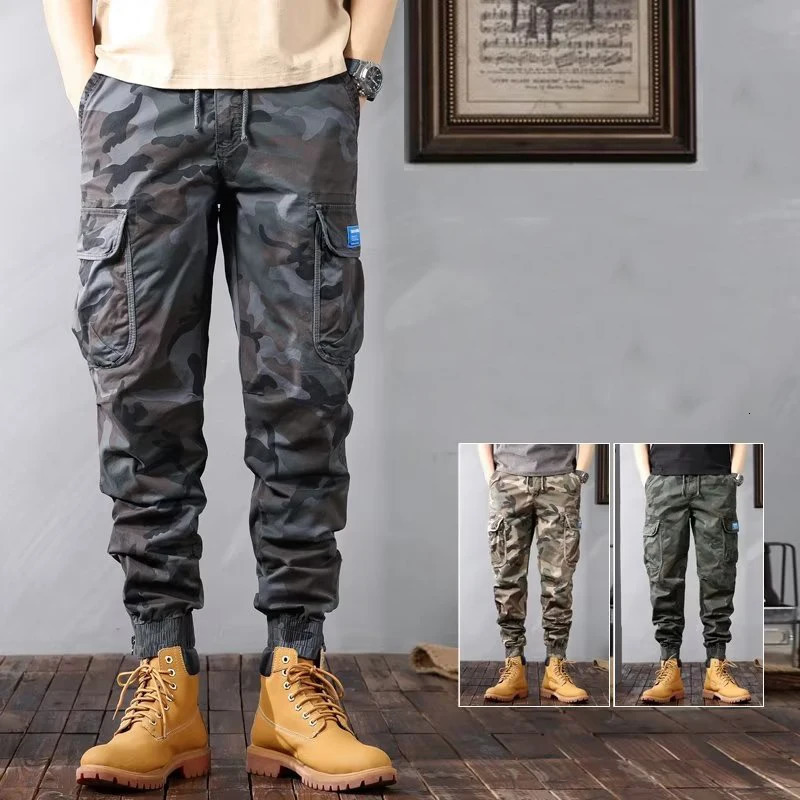 Mens trend camouflage outdoor cargo pants basic hiking and climbing sports mens multi pocket bundled foot casual pants 241023