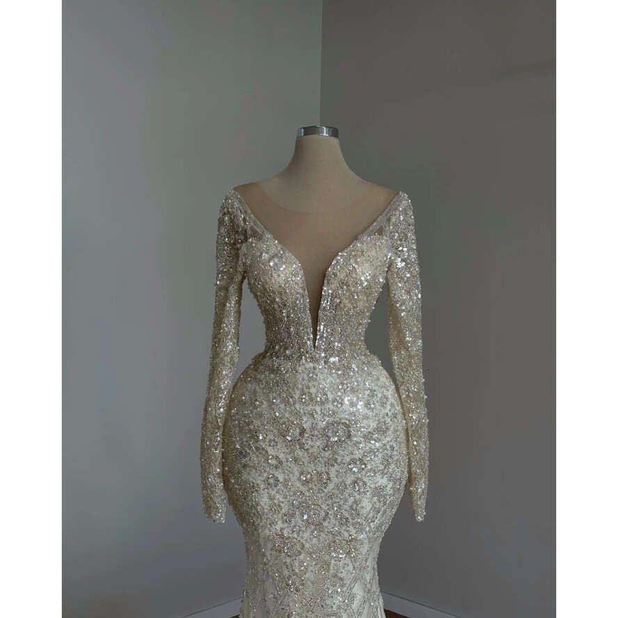 Champagne Chart Light Mermaid Dress Sheer Neck Saudi Arabic Beaded Wedding Dresses Long Sleeves Dubai Bridal Gowns Es