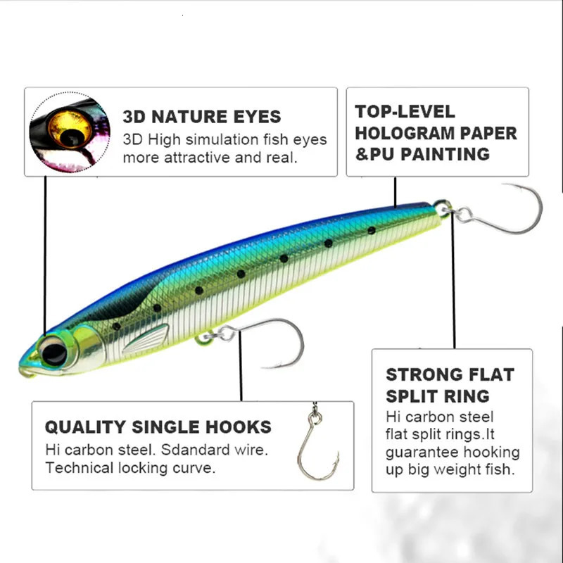 110mm 60g Sinking Pencil Fishing Lure Big Game Artificial Hard Bait 5X Hook for GT Tuna Sea Lures 241024