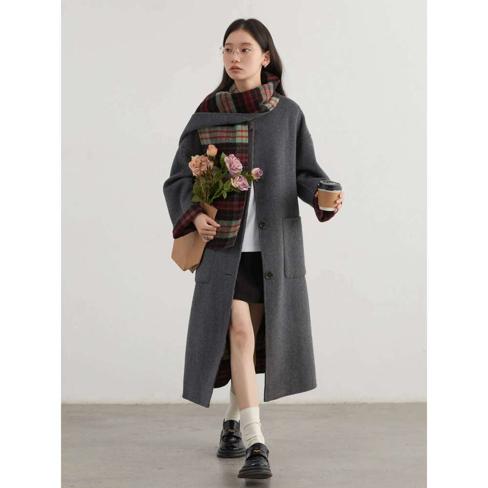 CHIC VEN Women Woolen Long Coat Loose New Double-Sided Overcoat With Scarf Ladies Plaid Topcoat Autumn Winter 2024 Clothing