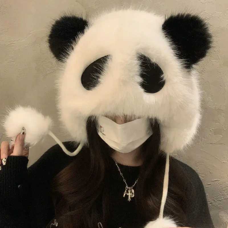 Fluffy panda earring hat cute plush plow hat from Winter warm plush hat plush neck protection X241023