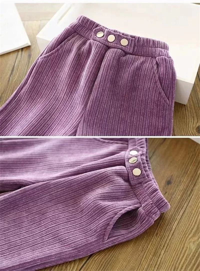 Girls thick and wide leg pants winter and autumn big childrens velvet warm pants childrens aprons casual pants 4-12 years old 241024