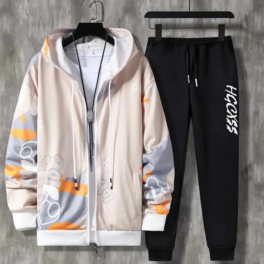 2 pieces/set of mens jackets pants hoodies letter printing drawstring loose jogging suit hip-hop shoulder strap mens sportswear 241024