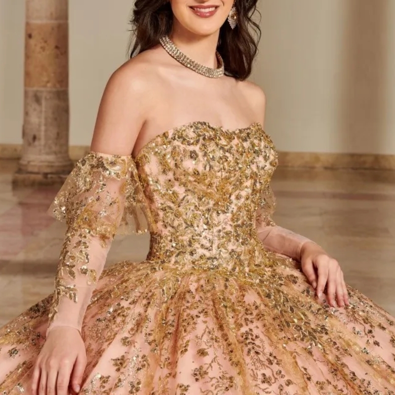 Pink Shiny Ball Gown Quinceanera Dresses Off The Shoulder Gold Sequin Appliques Lace Bow Tull Sweet 16 Years Birthday Party Vestidos De 15 Anos