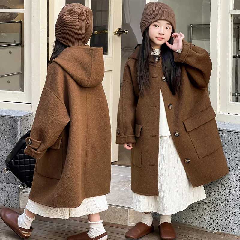 Autumn and winter girls coat double-sided wool coat childrens brown fashionable loose casual long coat youth clothing W241023